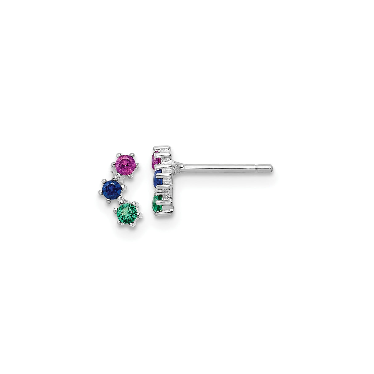 Sterling Silver Stud Earrings with Cubic Zirconia in Pink, Blue, and Green Vertical Arc Design