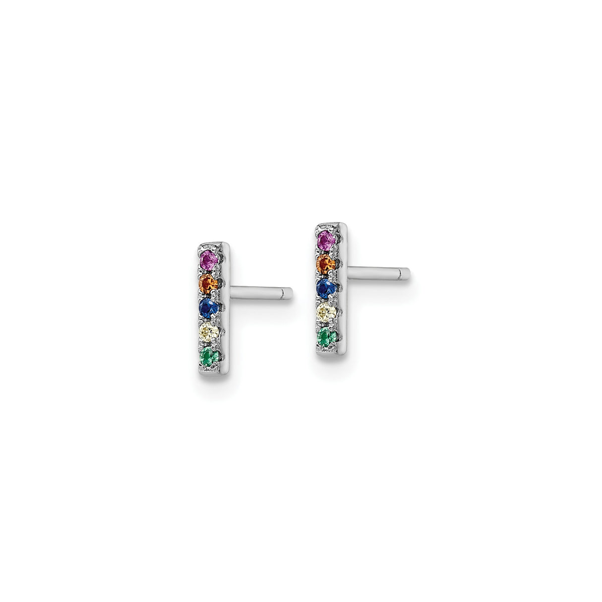 Sterling Silver Bar Stud Earrings with Cubic Zirconia, Minimalist Rainbow Pride Style