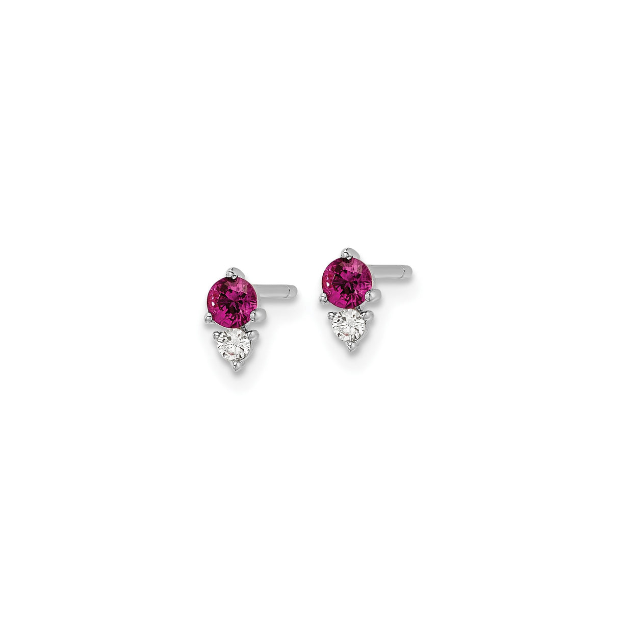 Sterling Silver Stud Earrings with Round Pink Cubic Zirconia and Pear-Shaped Clear Stone