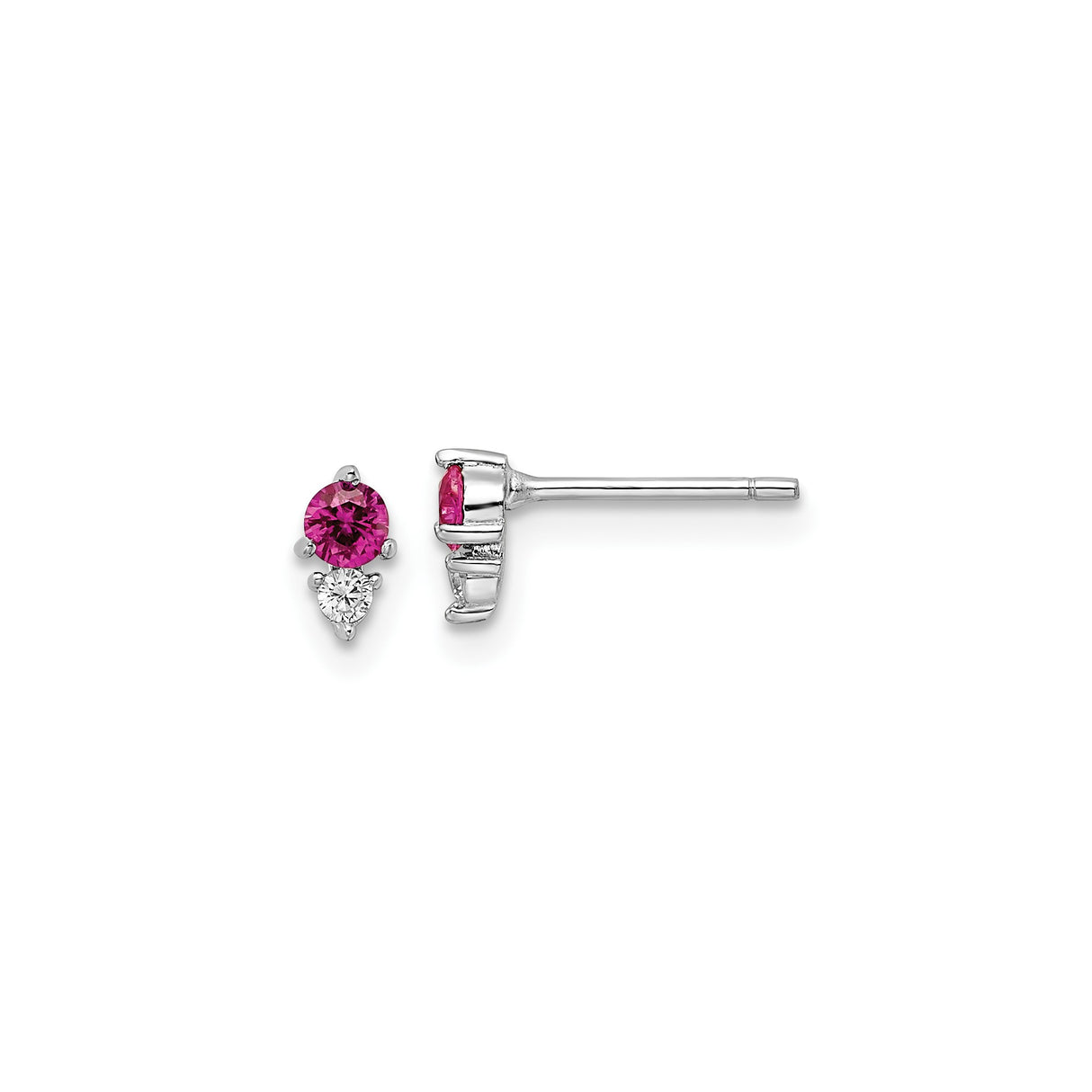 Sterling Silver Stud Earrings with Round Pink Cubic Zirconia and Pear-Shaped Clear Stone