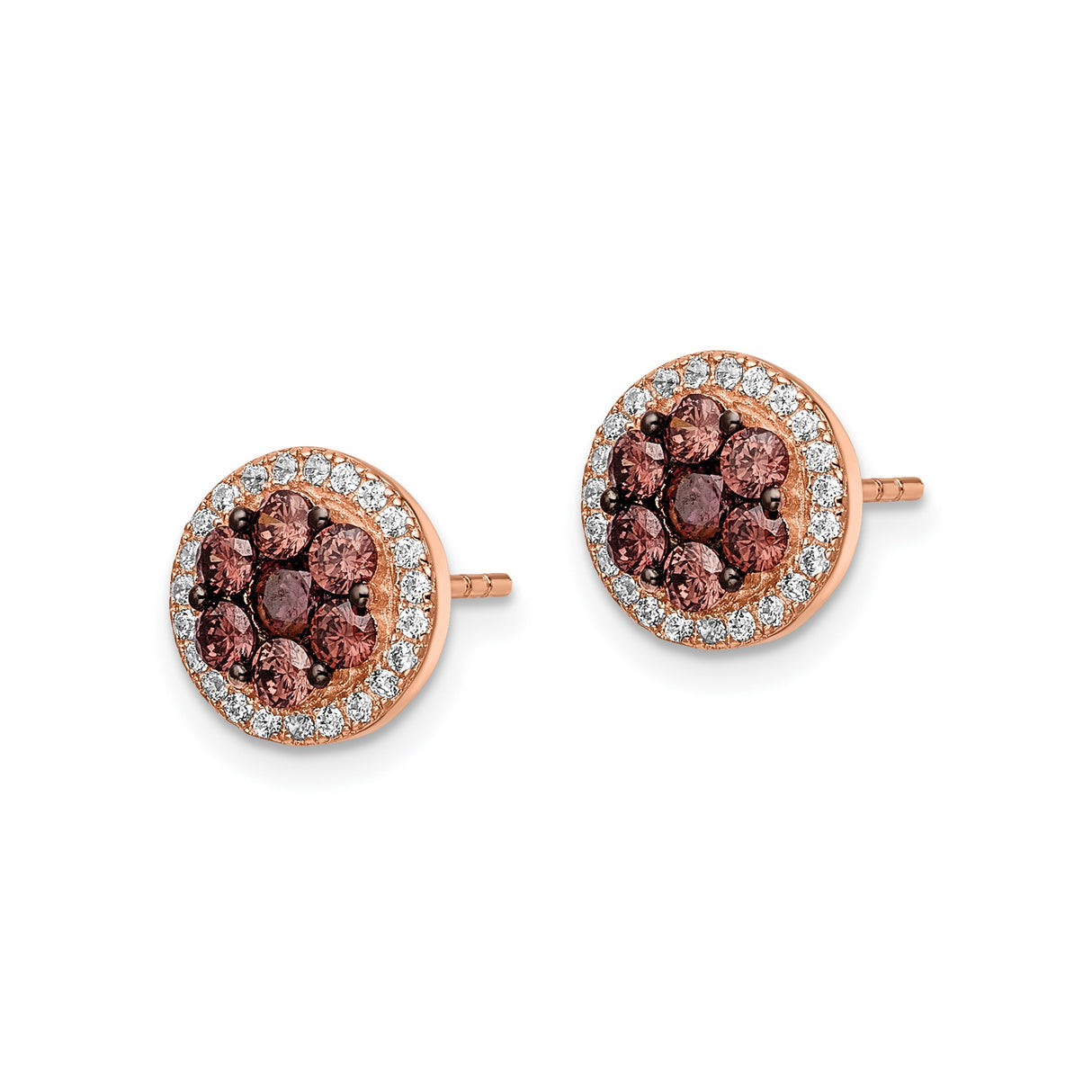 Sterling Silver Stud Earrings with Brown Cubic Zirconia Center and Halo Design