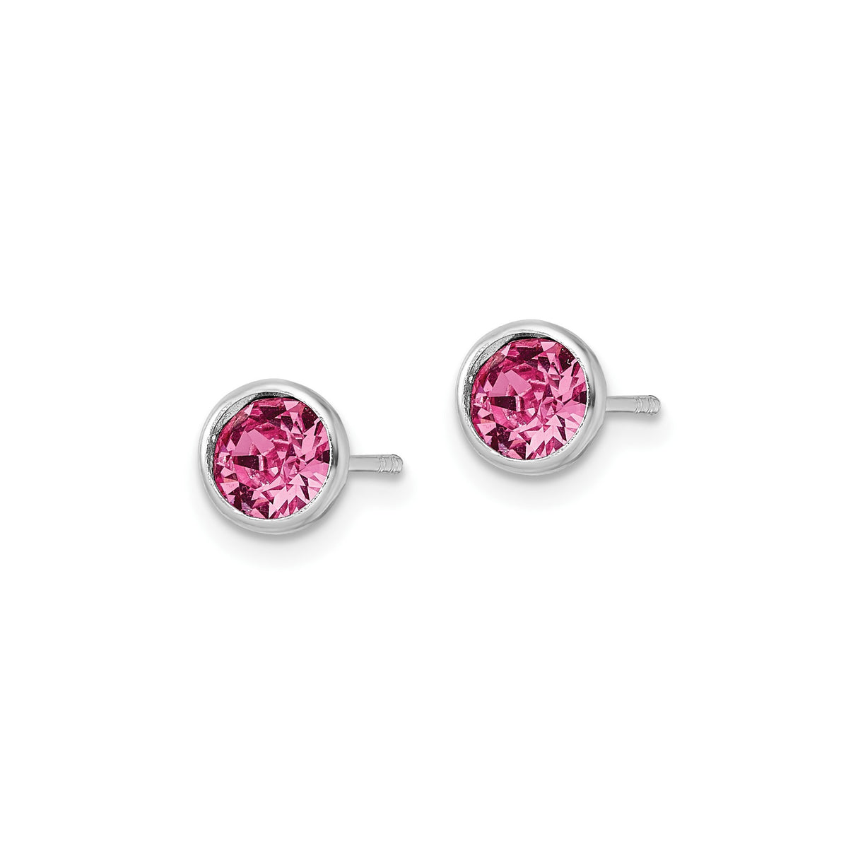 Sterling Silver Stud Earrings with Pink Crystal, Round Bezel Minimalist Design for Women