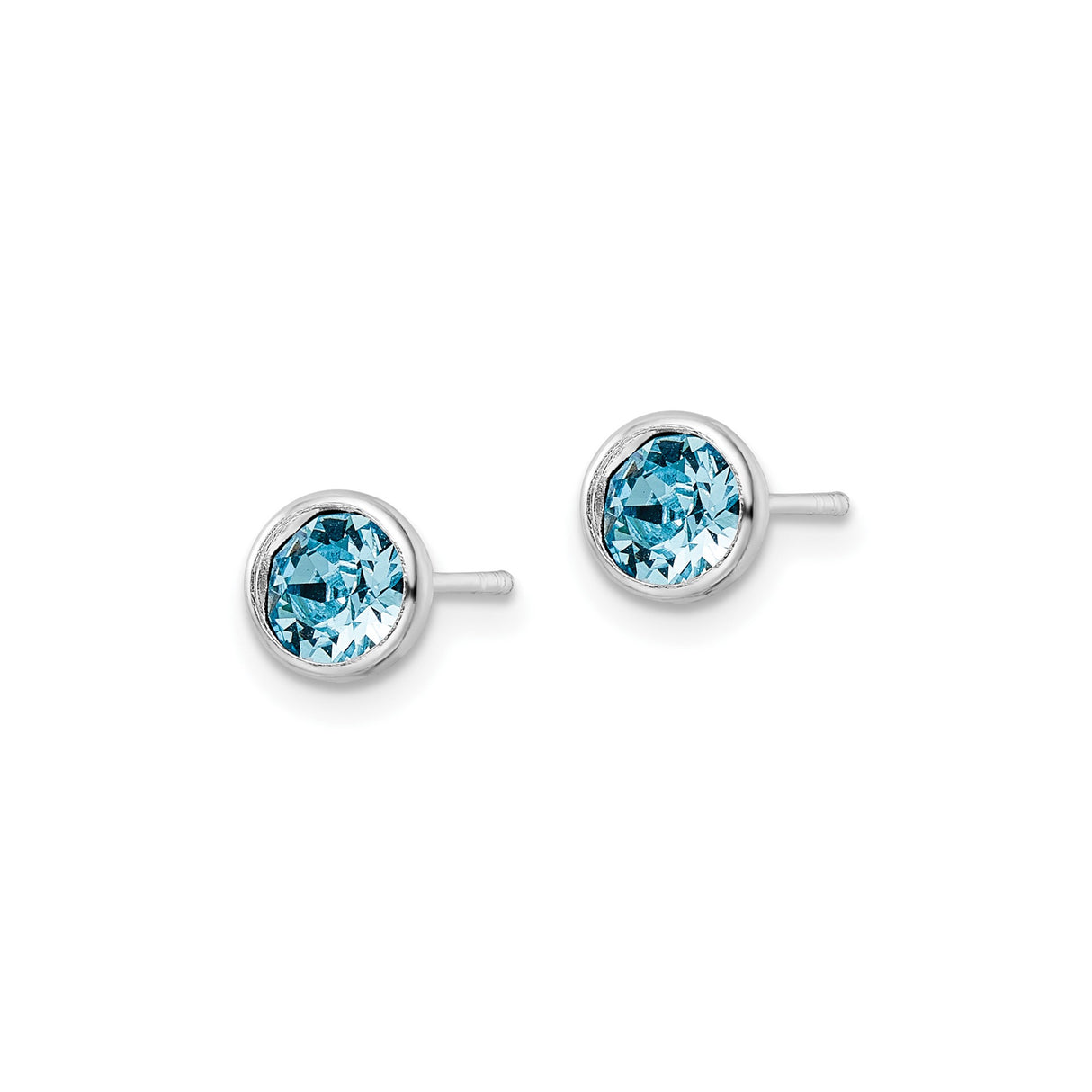 Sterling Silver Stud Earrings with Round Blue Crystal in Bezel Setting, Minimalist Design for Women