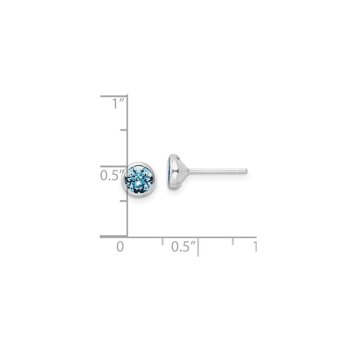 Sterling Silver Stud Earrings with Round Blue Crystal in Bezel Setting, Minimalist Design for Women