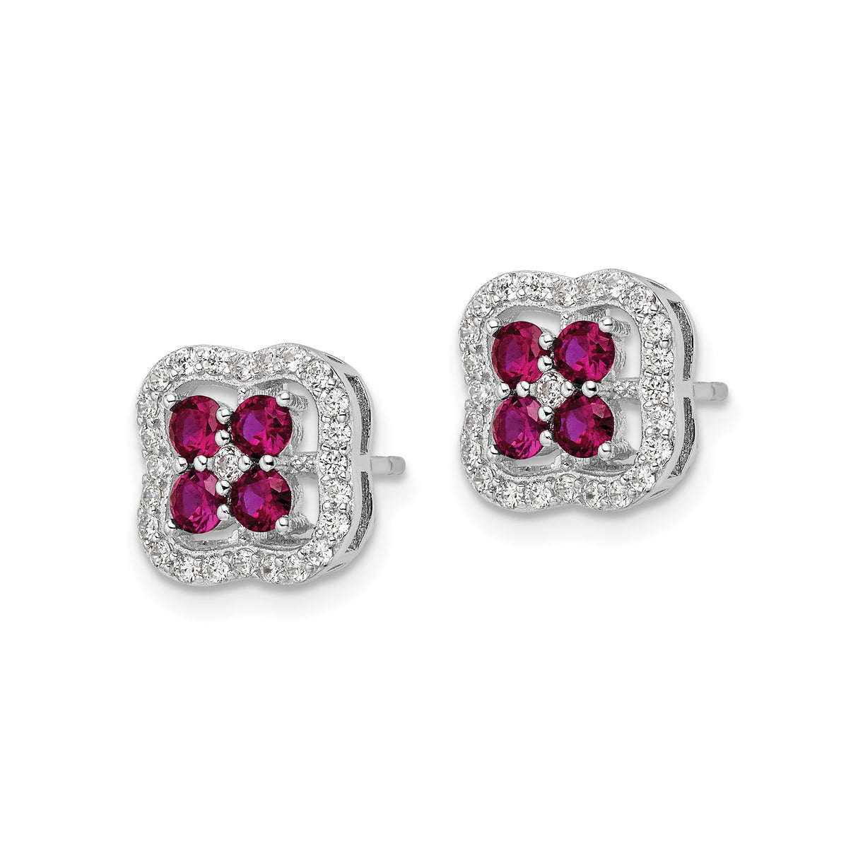 Sterling Silver Stud Earrings with Cubic Zirconia and Lab Created Ruby, Floral Clover Design
