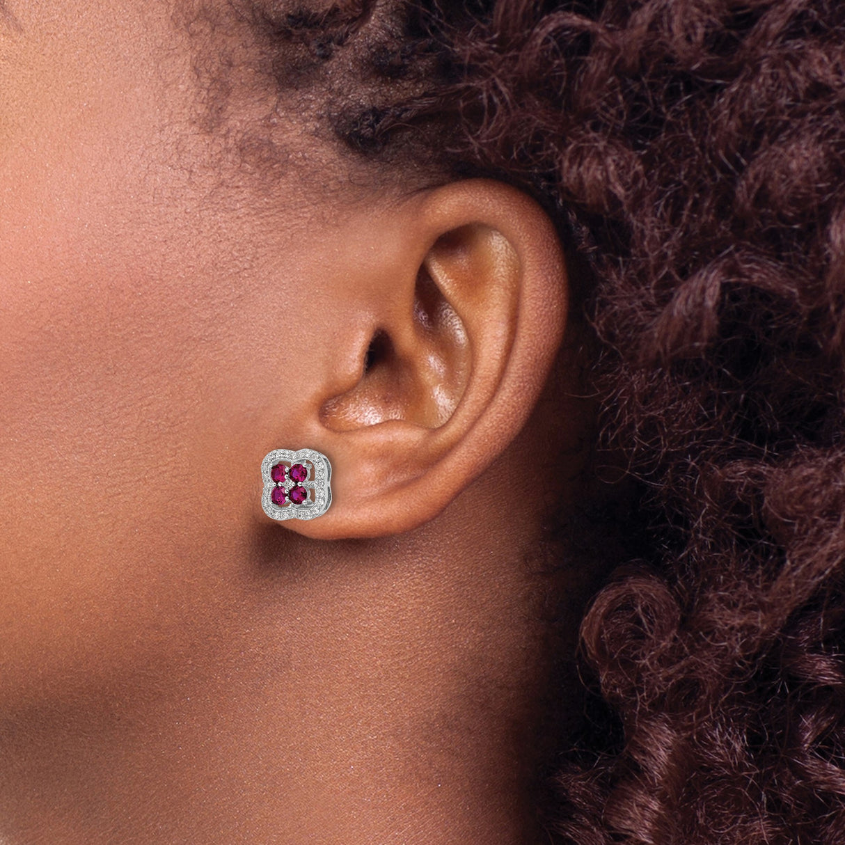 Sterling Silver Stud Earrings with Cubic Zirconia and Lab Created Ruby, Floral Clover Design