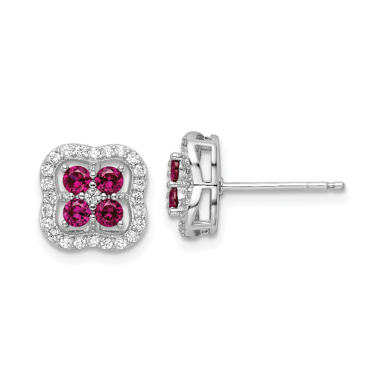 Sterling Silver Stud Earrings with Cubic Zirconia and Lab Created Ruby, Floral Clover Design