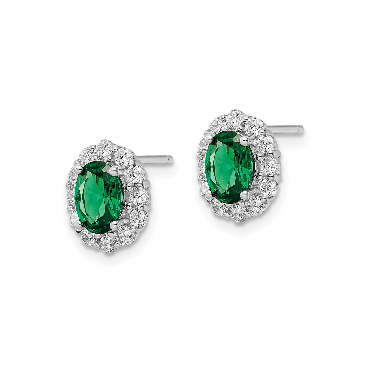 Sterling Silver Stud Earrings with Oval Green Cubic Zirconia and Halo Design