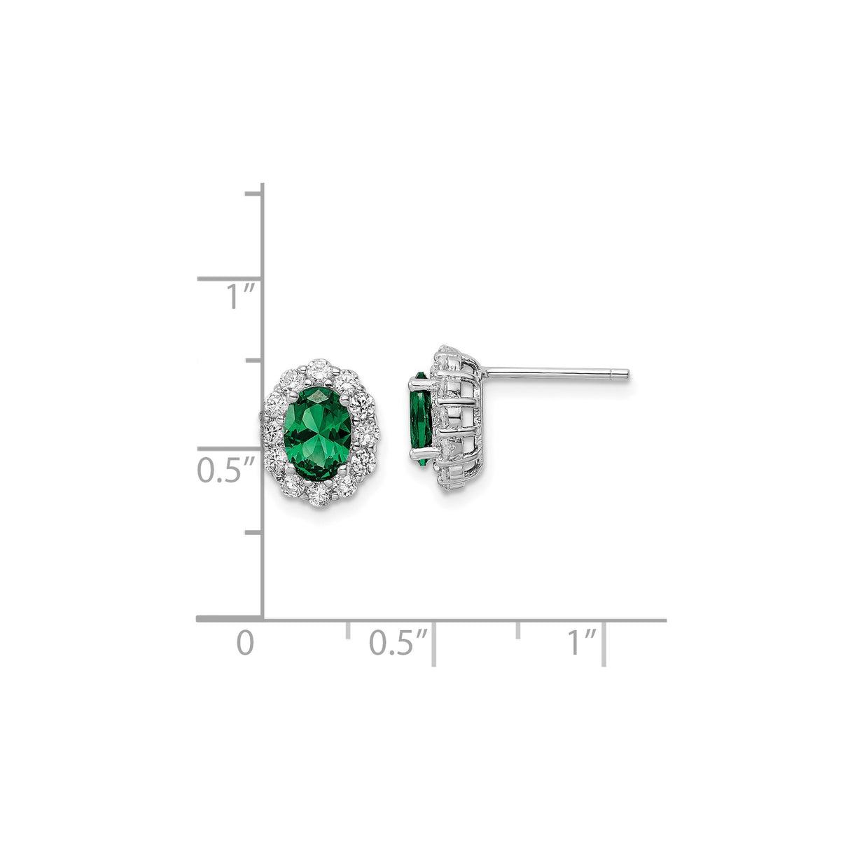 Sterling Silver Stud Earrings with Oval Green Cubic Zirconia and Halo Design