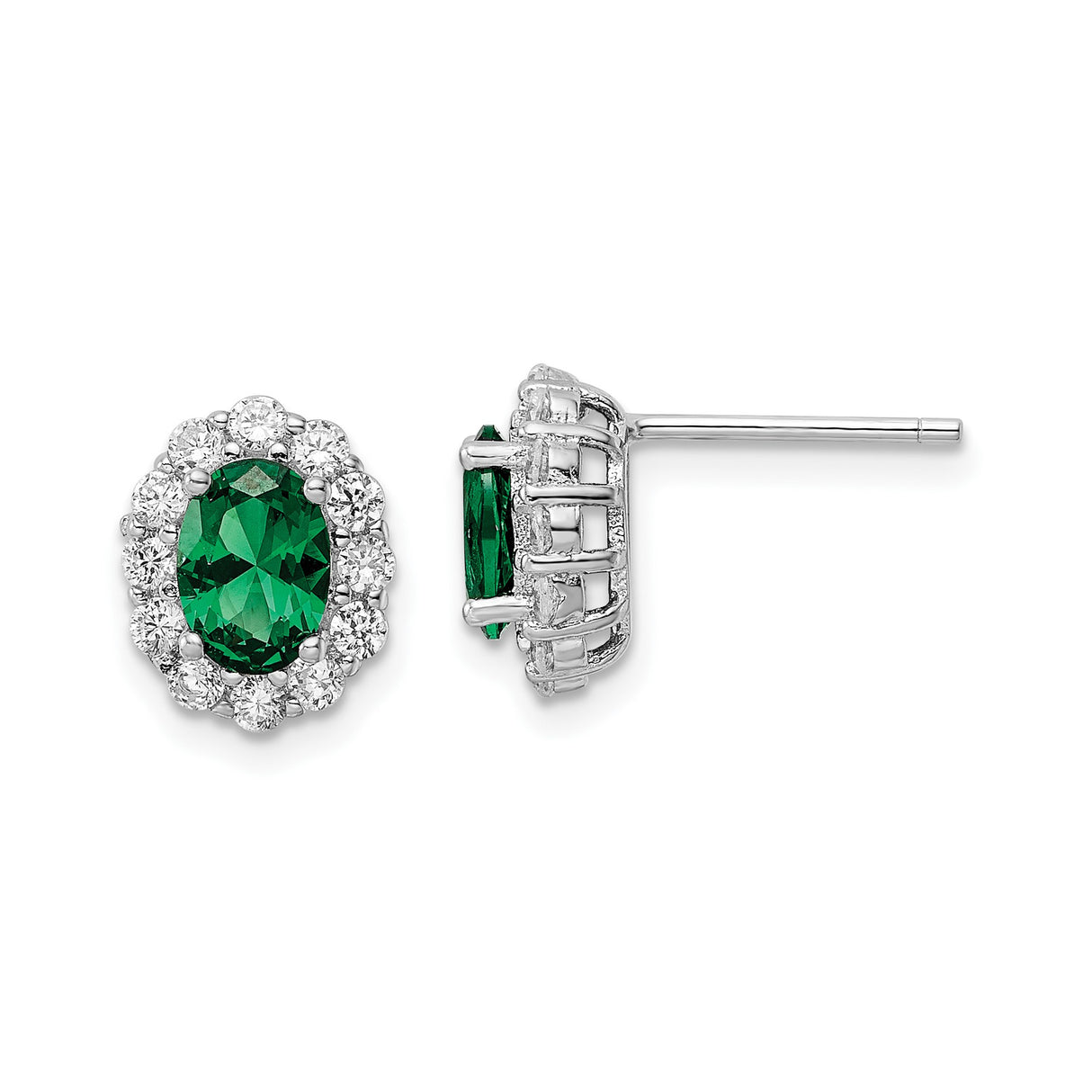 Sterling Silver Stud Earrings with Oval Green Cubic Zirconia and Halo Design