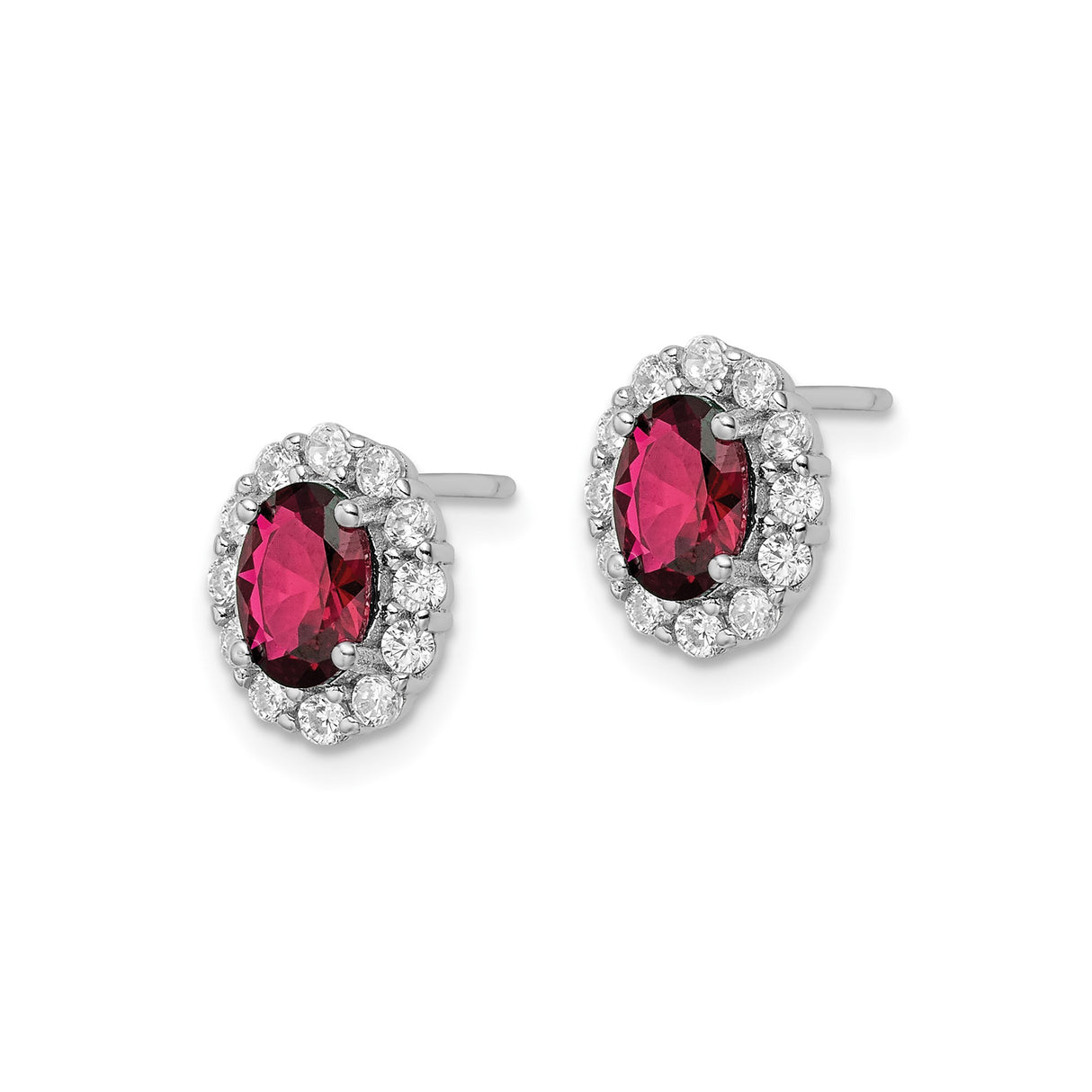 Sterling Silver Halo Stud Earrings with Deep Pink Cubic Zirconia Center and Clear Accents