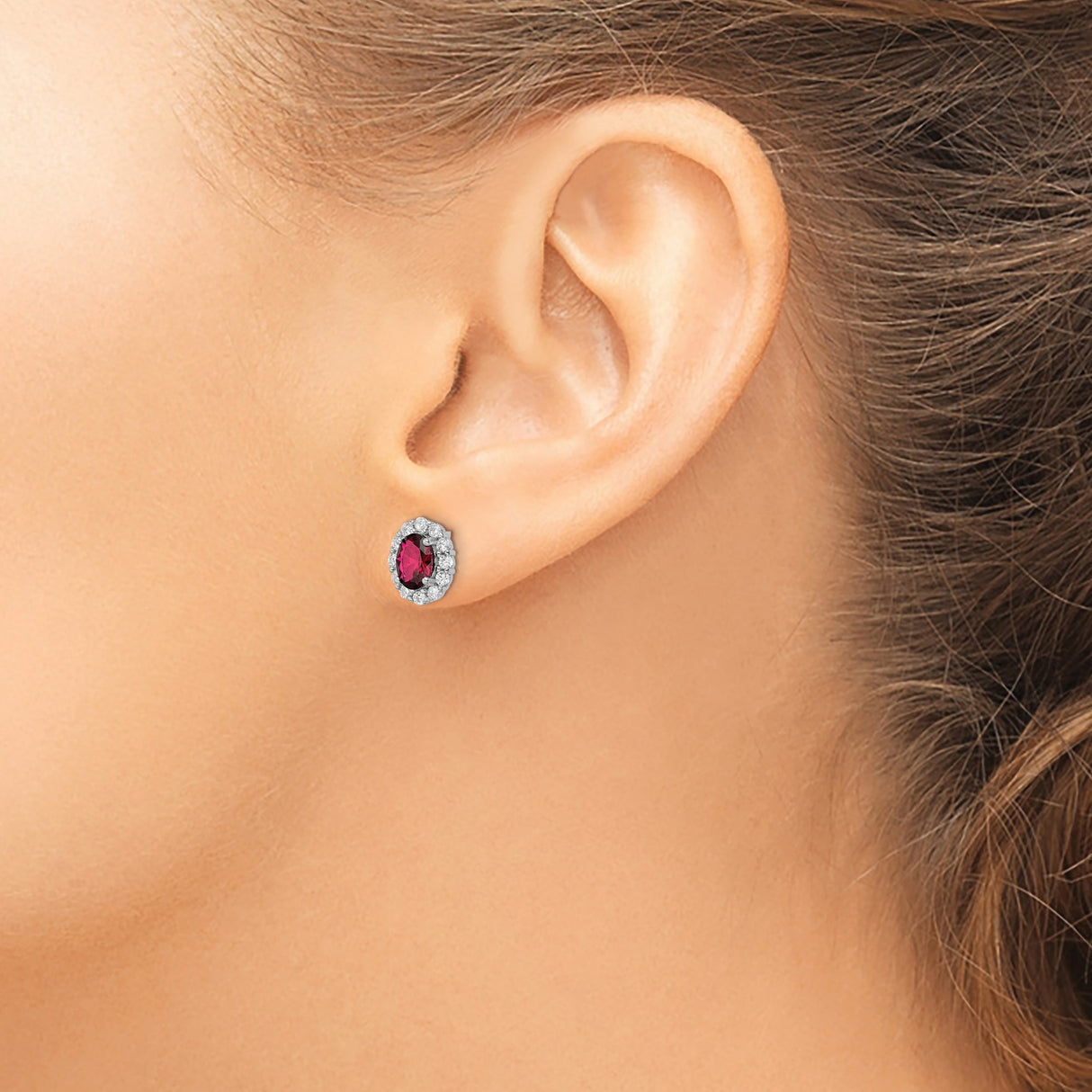 Sterling Silver Halo Stud Earrings with Deep Pink Cubic Zirconia Center and Clear Accents