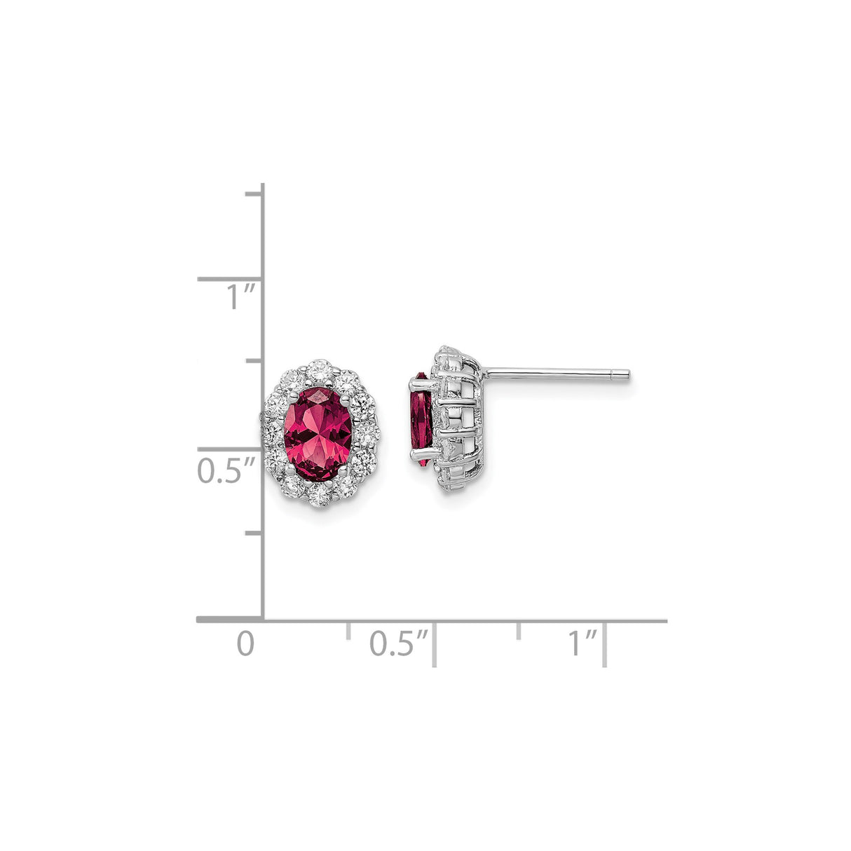 Sterling Silver Halo Stud Earrings with Deep Pink Cubic Zirconia Center and Clear Accents