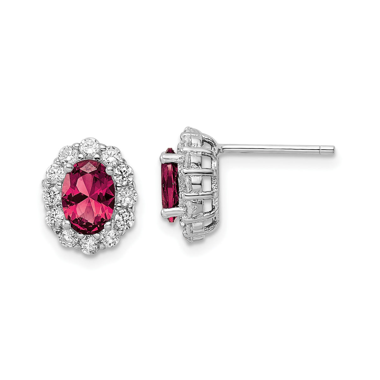 Sterling Silver Halo Stud Earrings with Deep Pink Cubic Zirconia Center and Clear Accents