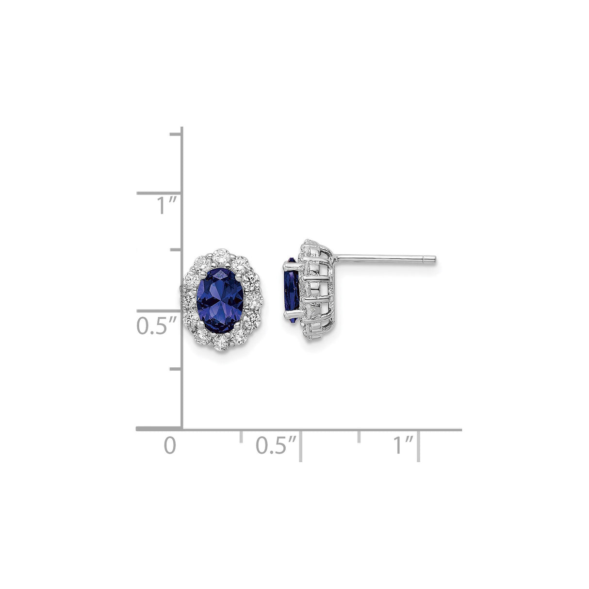 Sterling Silver Oval Stud Earrings with Deep Blue Center Cubic Zirconia and Halo Design