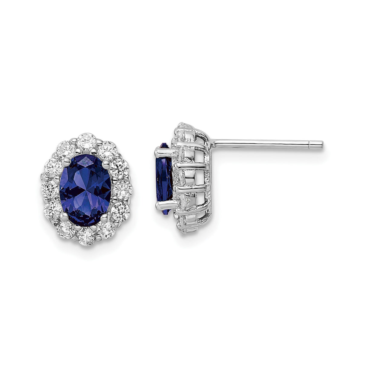 Sterling Silver Oval Stud Earrings with Deep Blue Center Cubic Zirconia and Halo Design