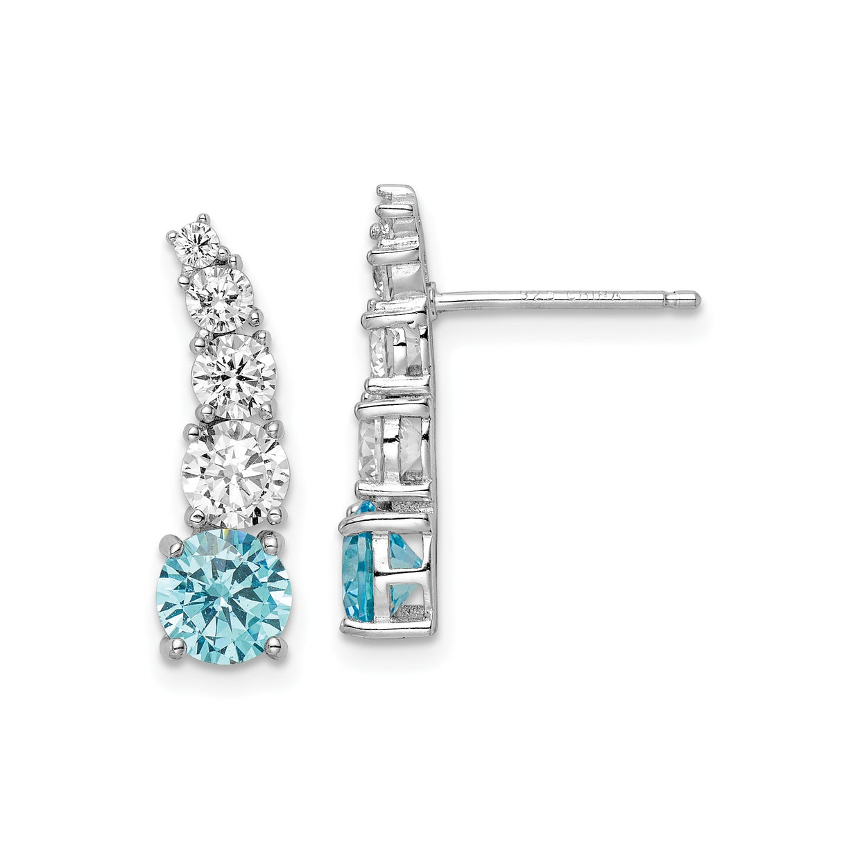 Sterling Silver Stud Earrings with Graduated Blue and White Cubic Zirconia Round Cut Stones