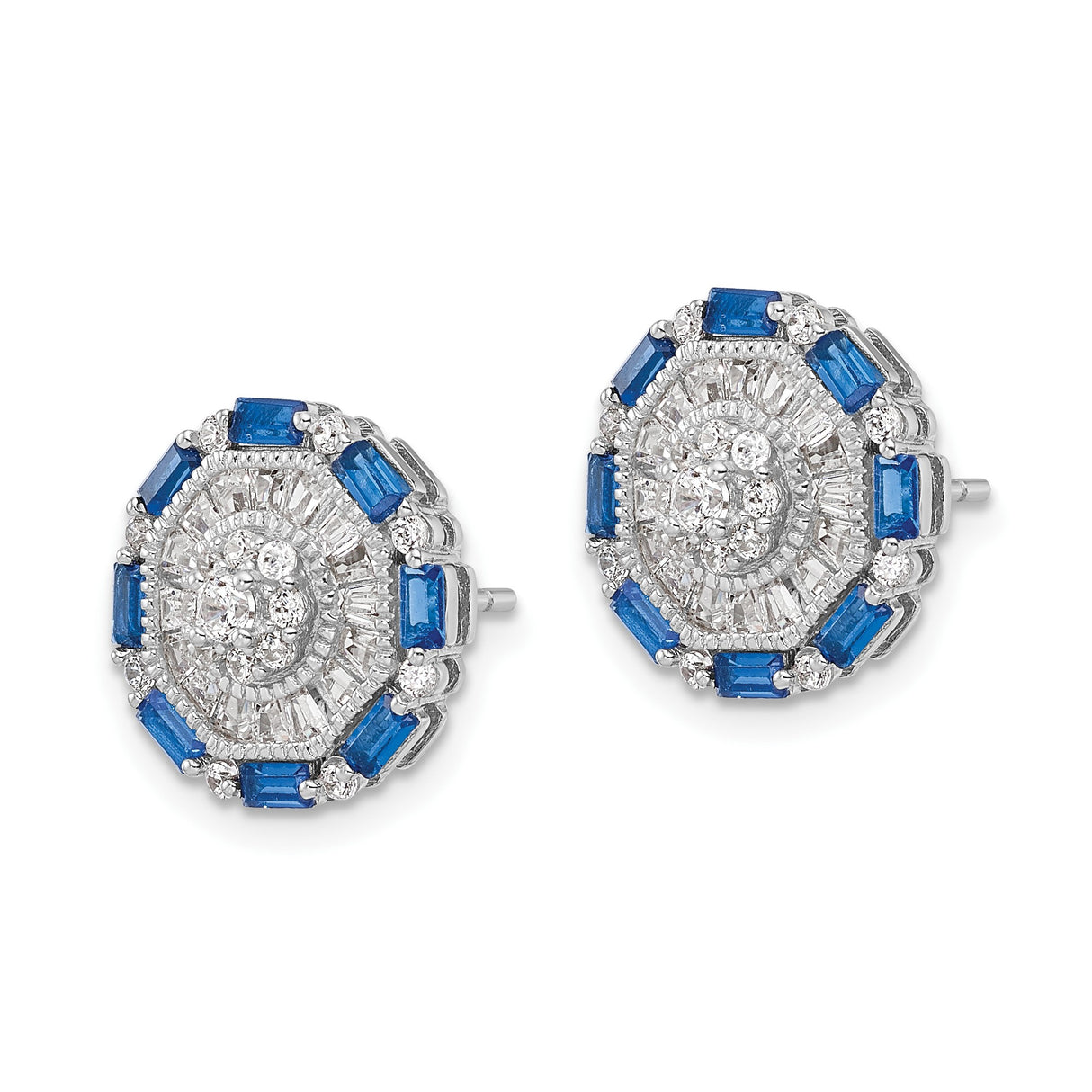 Sterling Silver Stud Earrings with Cubic Zirconia, Radiant Halo Design, Blue and Clear Baguette Stones
