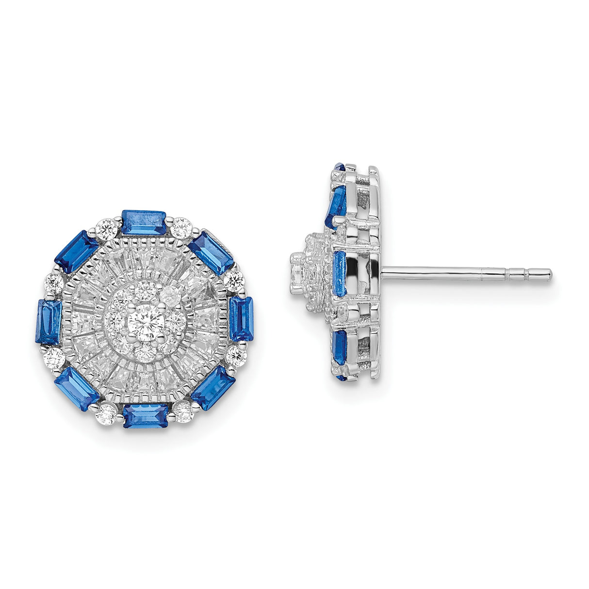 Sterling Silver Stud Earrings with Cubic Zirconia, Radiant Halo Design, Blue and Clear Baguette Stones