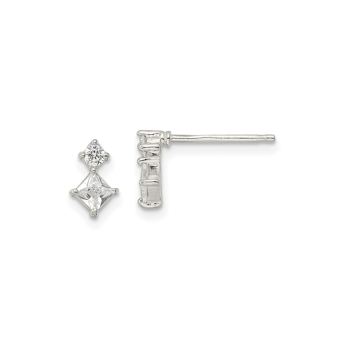 Sterling Silver Drop Stud Earrings with Round and Princess Cut Cubic Zirconia Stones