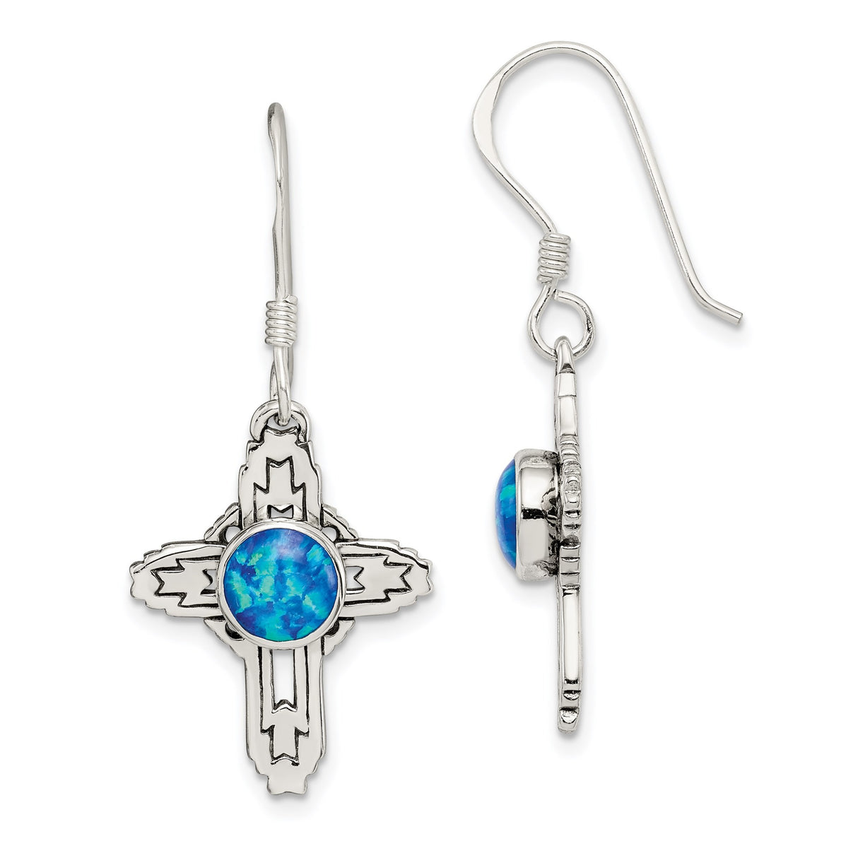 Sterling Silver Cross Pendant with Created Opal, Geometric Faith Design, Southwestern Detailing