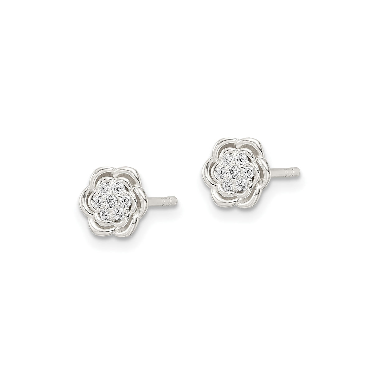 Sterling Silver Flower Stud Earrings with Cubic Zirconia Center and Layered Petal Design