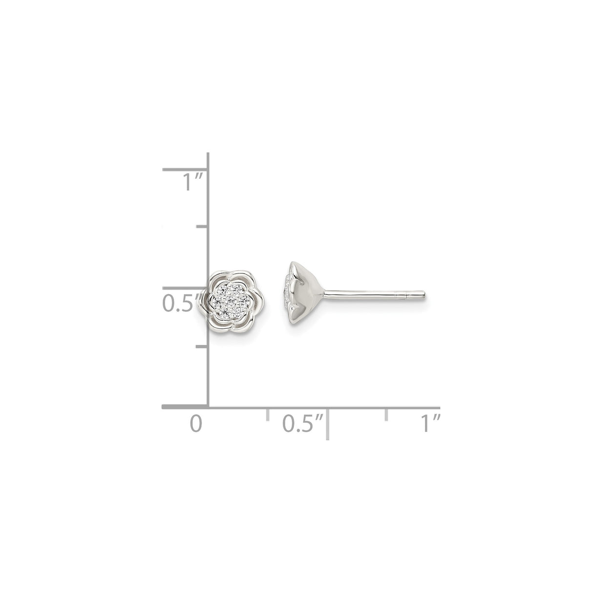Sterling Silver Flower Stud Earrings with Cubic Zirconia Center and Layered Petal Design