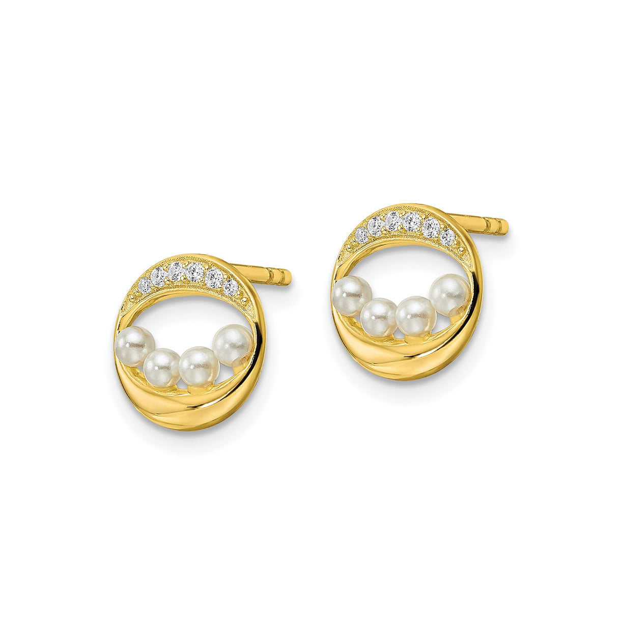 Sterling Silver Stud Earrings with Cubic Zirconia and Pearl Accents, Circular Gold Tone Design