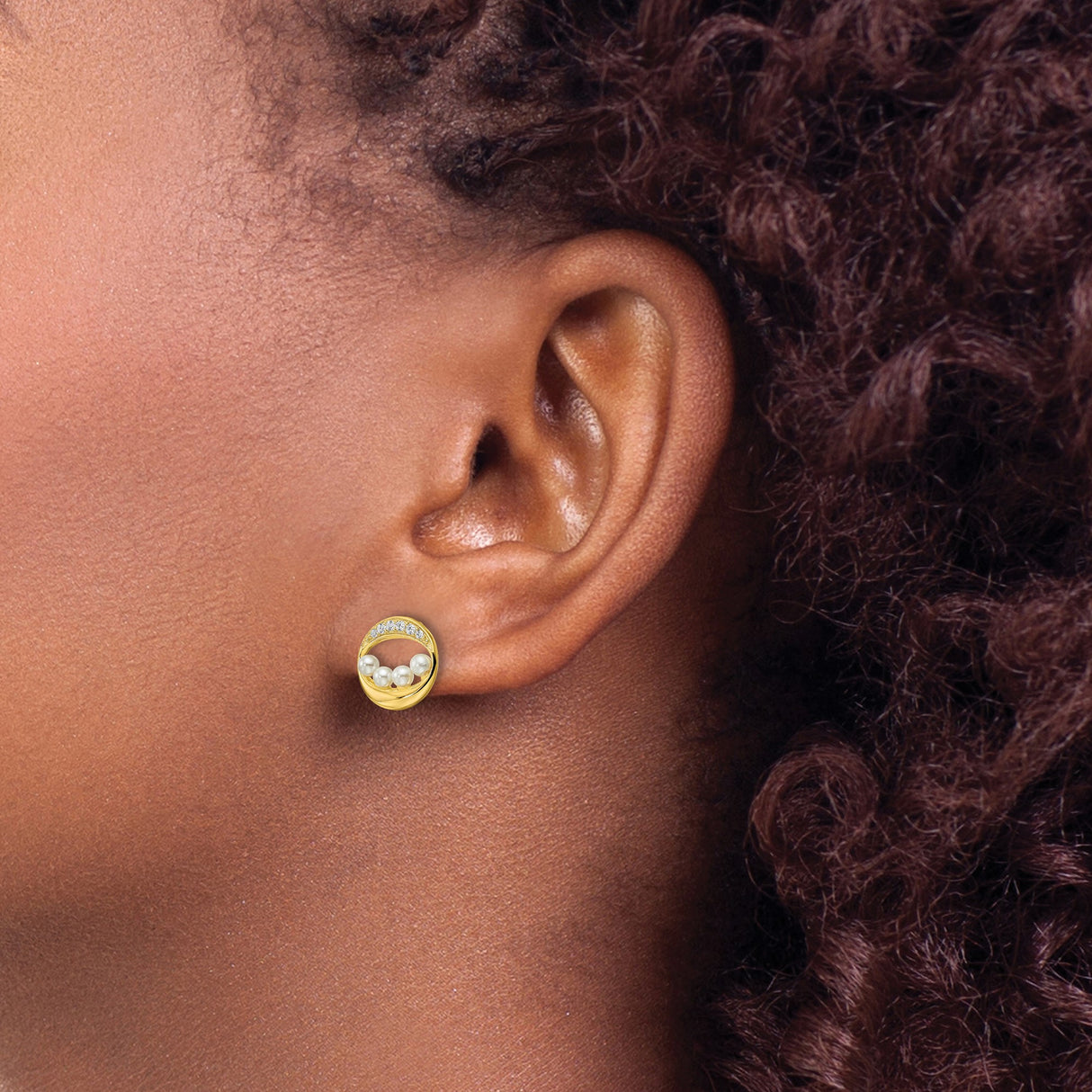 Sterling Silver Stud Earrings with Cubic Zirconia and Pearl Accents, Circular Gold Tone Design