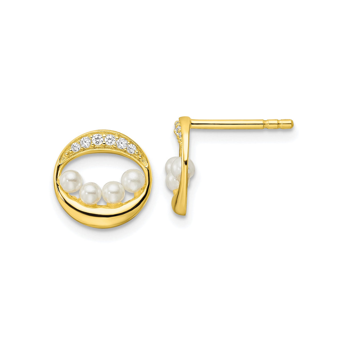 Sterling Silver Stud Earrings with Cubic Zirconia and Pearl Accents, Circular Gold Tone Design