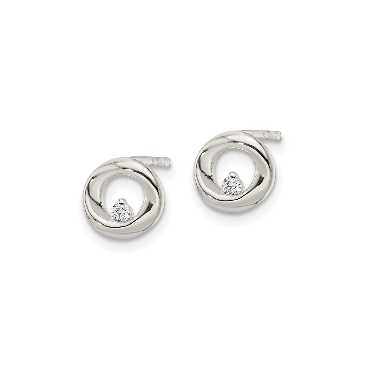 Sterling Silver Stud Earrings with Cubic Zirconia, Open Swirl Design, Modern Circular Style