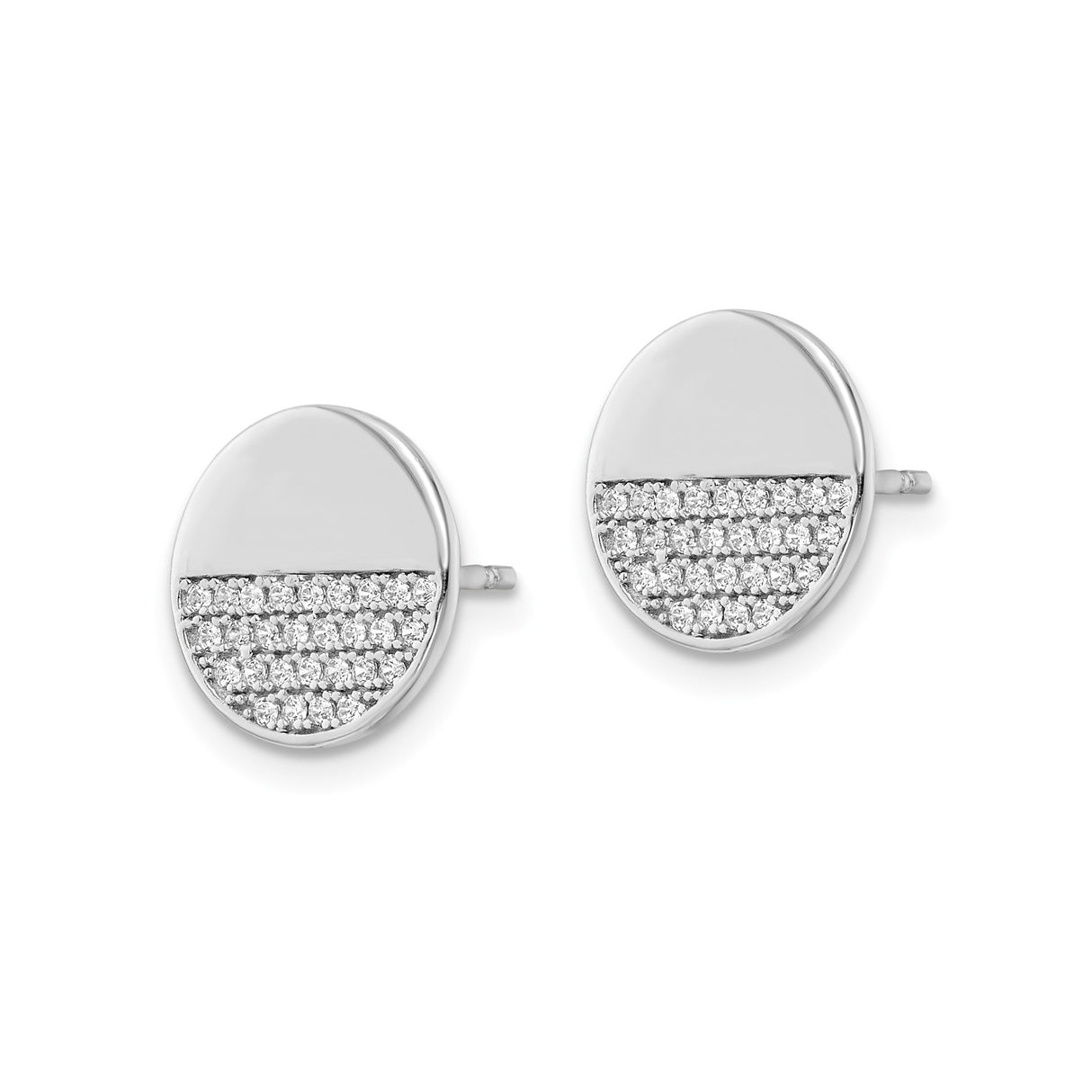 Sterling Silver Stud Earrings with Cubic Zirconia, Half Pave Round Disc Design, Modern Minimalist Style