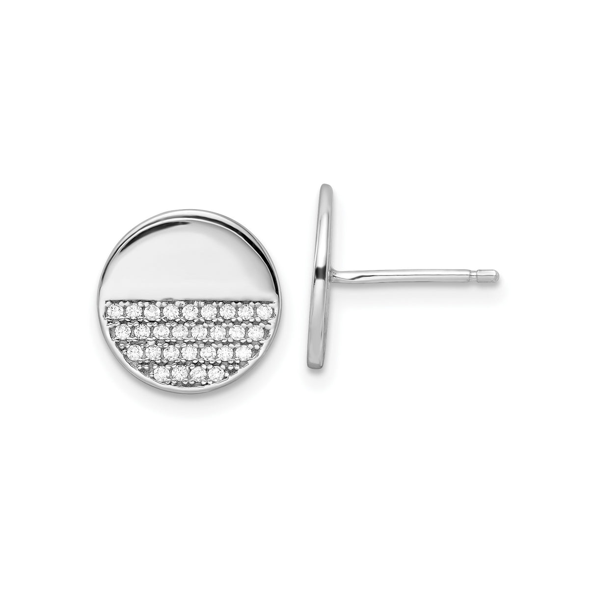 Sterling Silver Stud Earrings with Cubic Zirconia, Half Pave Round Disc Design, Modern Minimalist Style