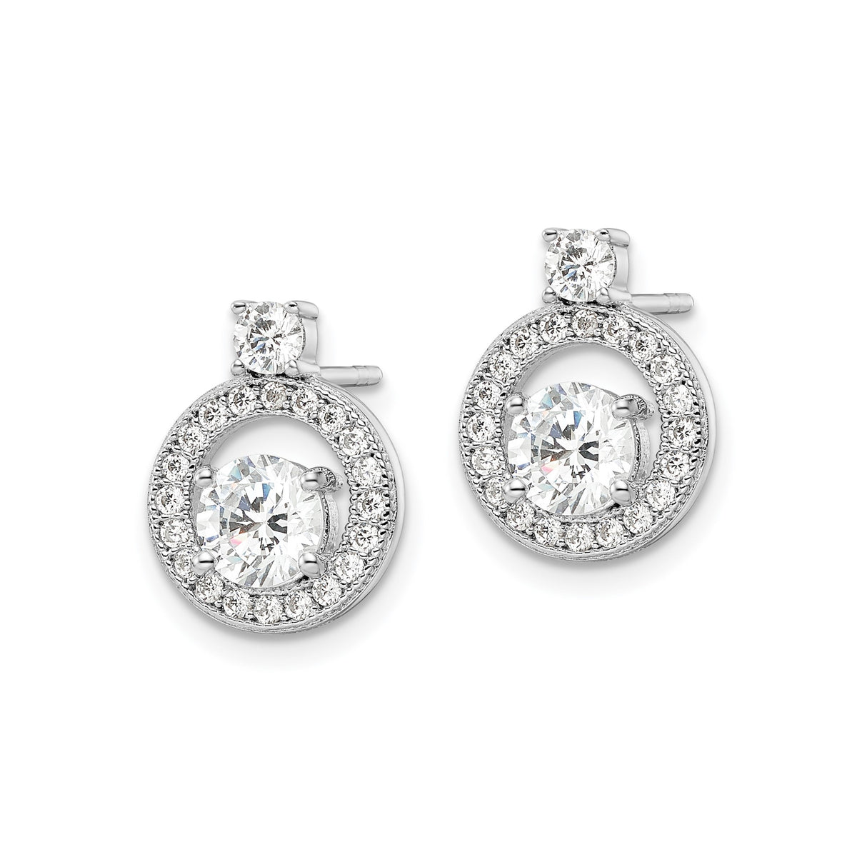 Sterling Silver Halo Stud Earrings with Round Cut Cubic Zirconia Center and Pavé Setting
