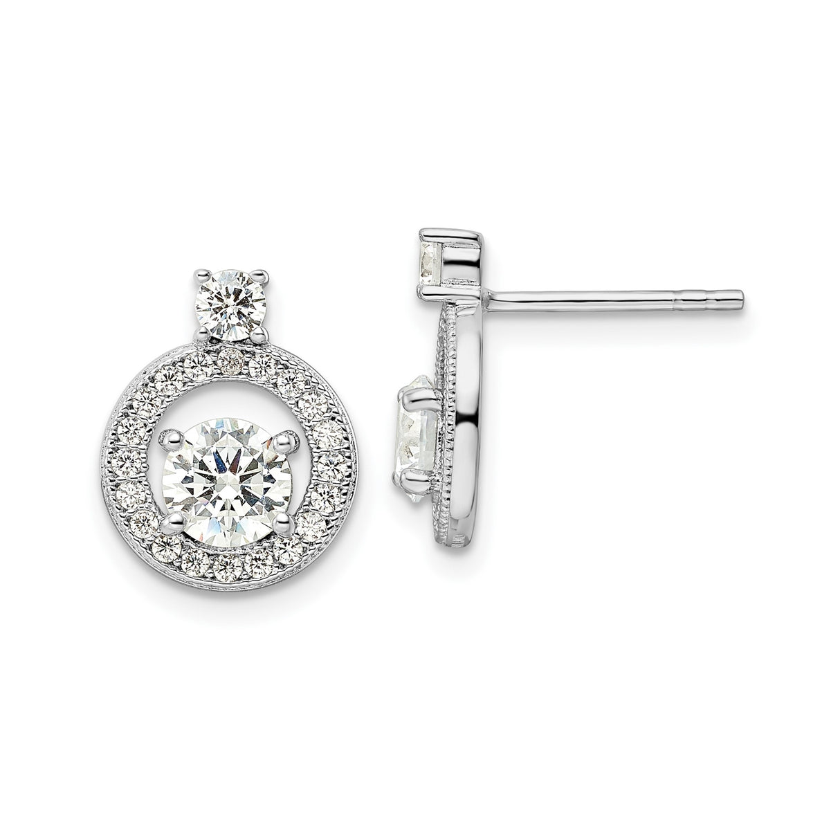 Sterling Silver Halo Stud Earrings with Round Cut Cubic Zirconia Center and Pavé Setting