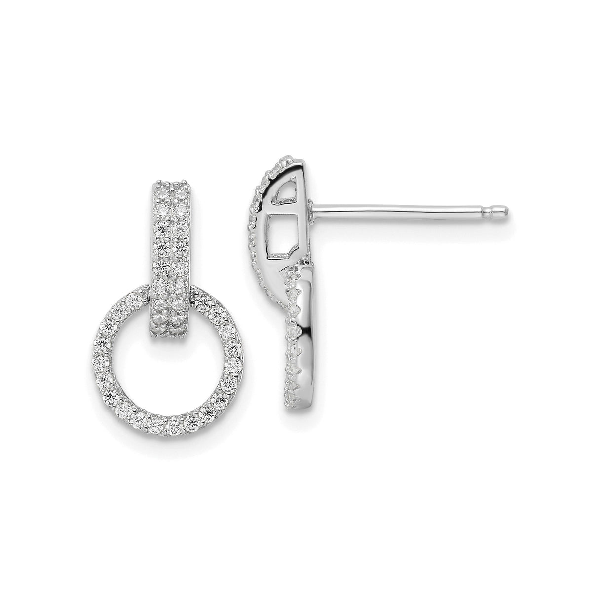 Sterling Silver Dangle Stud Earrings with Cubic Zirconia Interlocking Circle Design