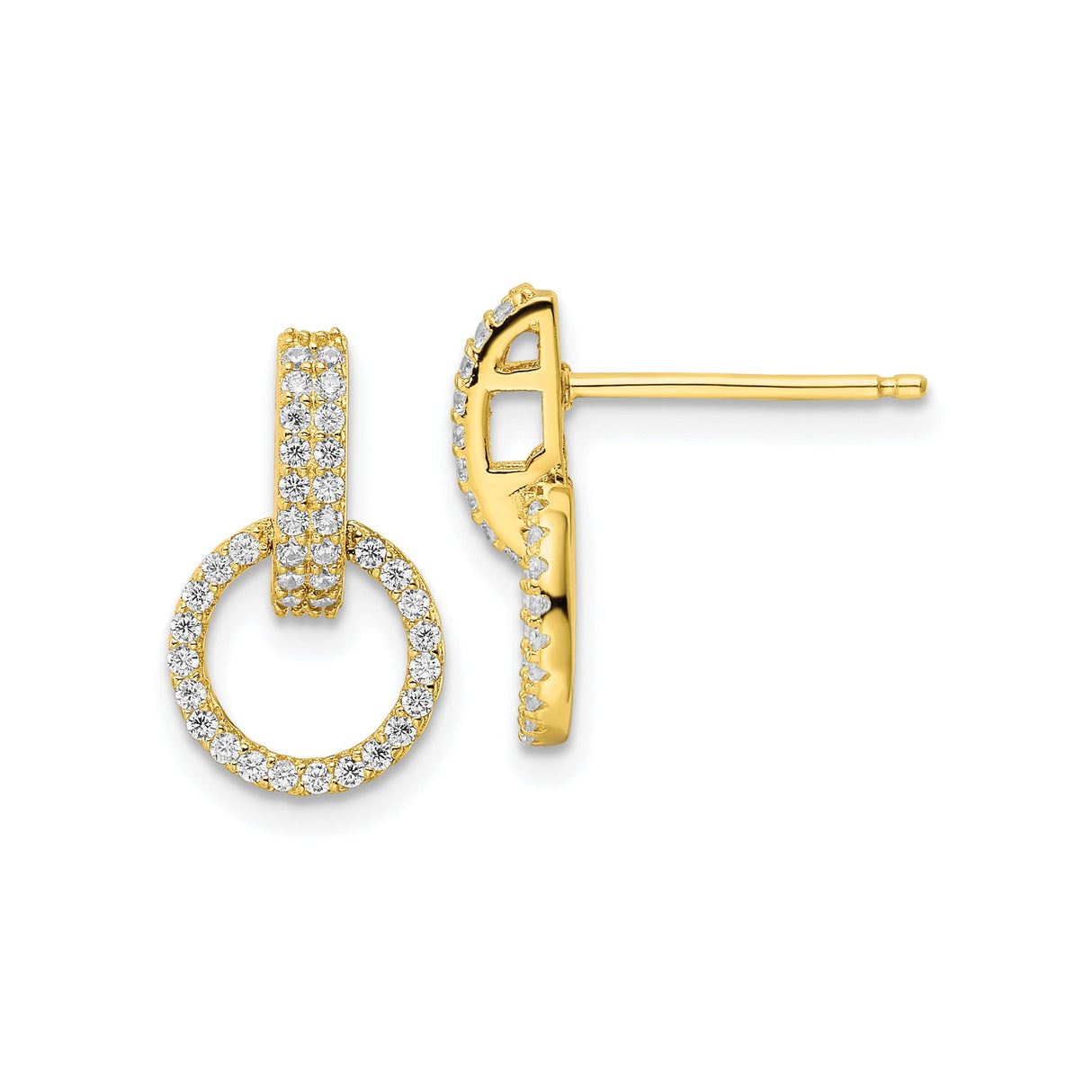 Sterling Silver Dangle Stud Earrings with Cubic Zirconia, Gold Plated Double Hoop Design