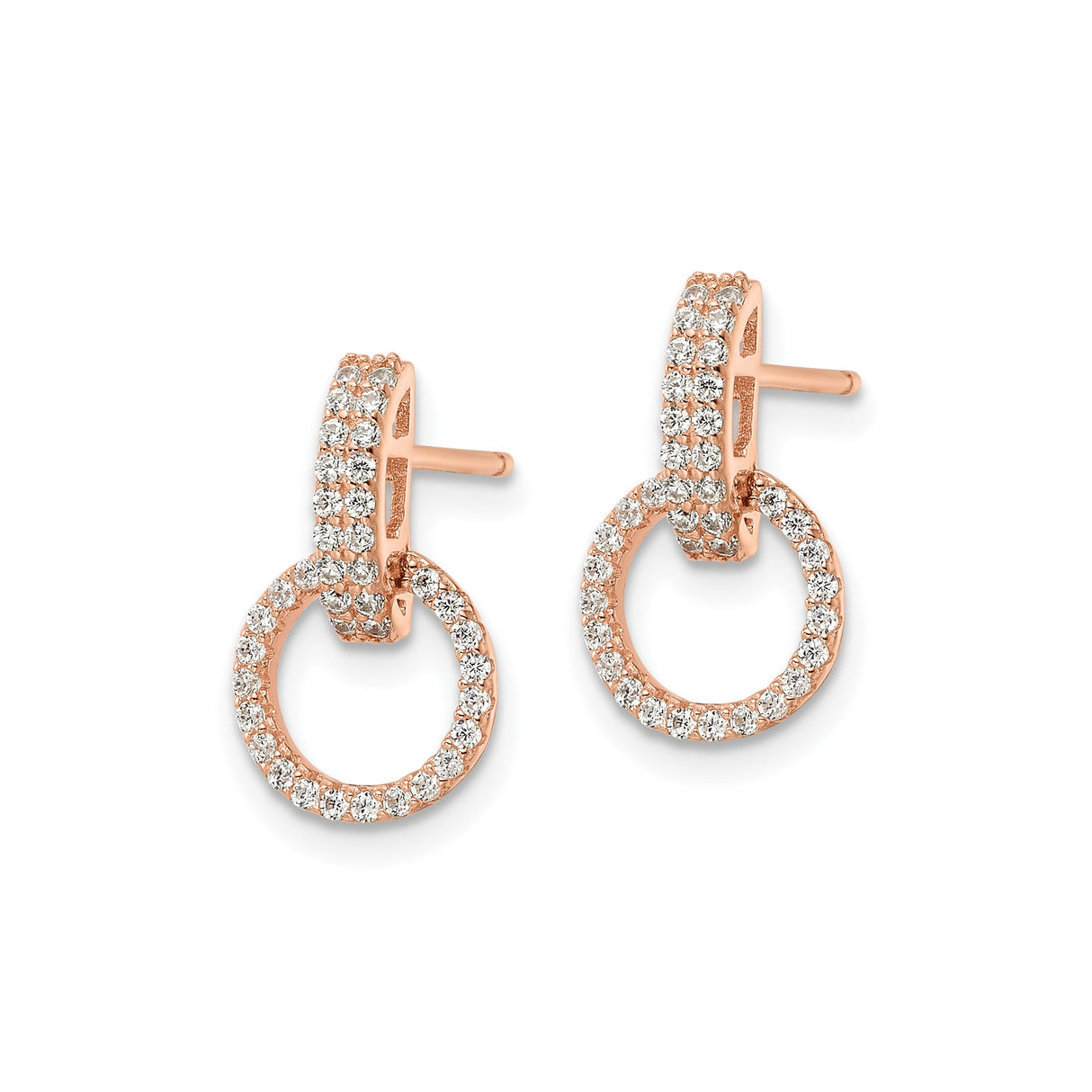 Sterling Silver Double Circle Drop Stud Earrings with Cubic Zirconia, Rose Gold Plated, Modern Design