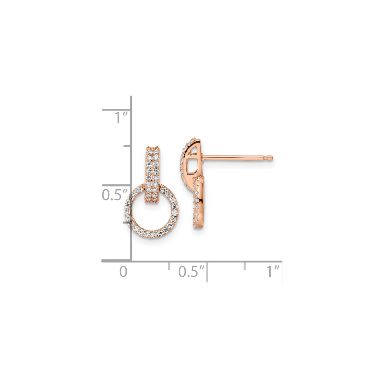 Sterling Silver Double Circle Drop Stud Earrings with Cubic Zirconia, Rose Gold Plated, Modern Design
