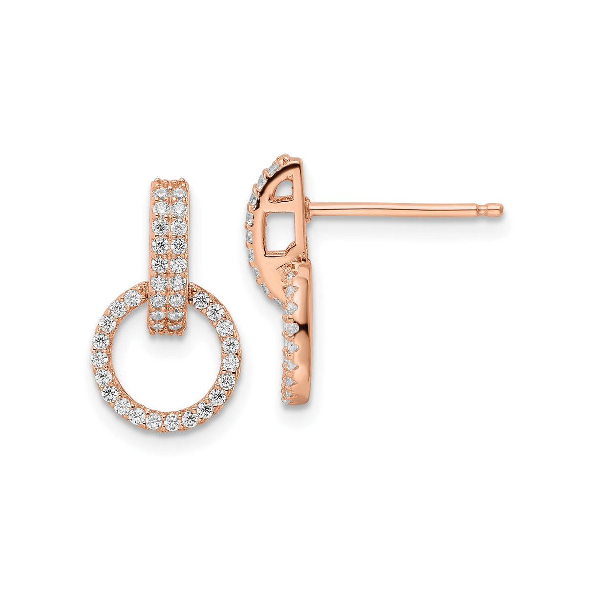 Sterling Silver Double Circle Drop Stud Earrings with Cubic Zirconia, Rose Gold Plated, Modern Design