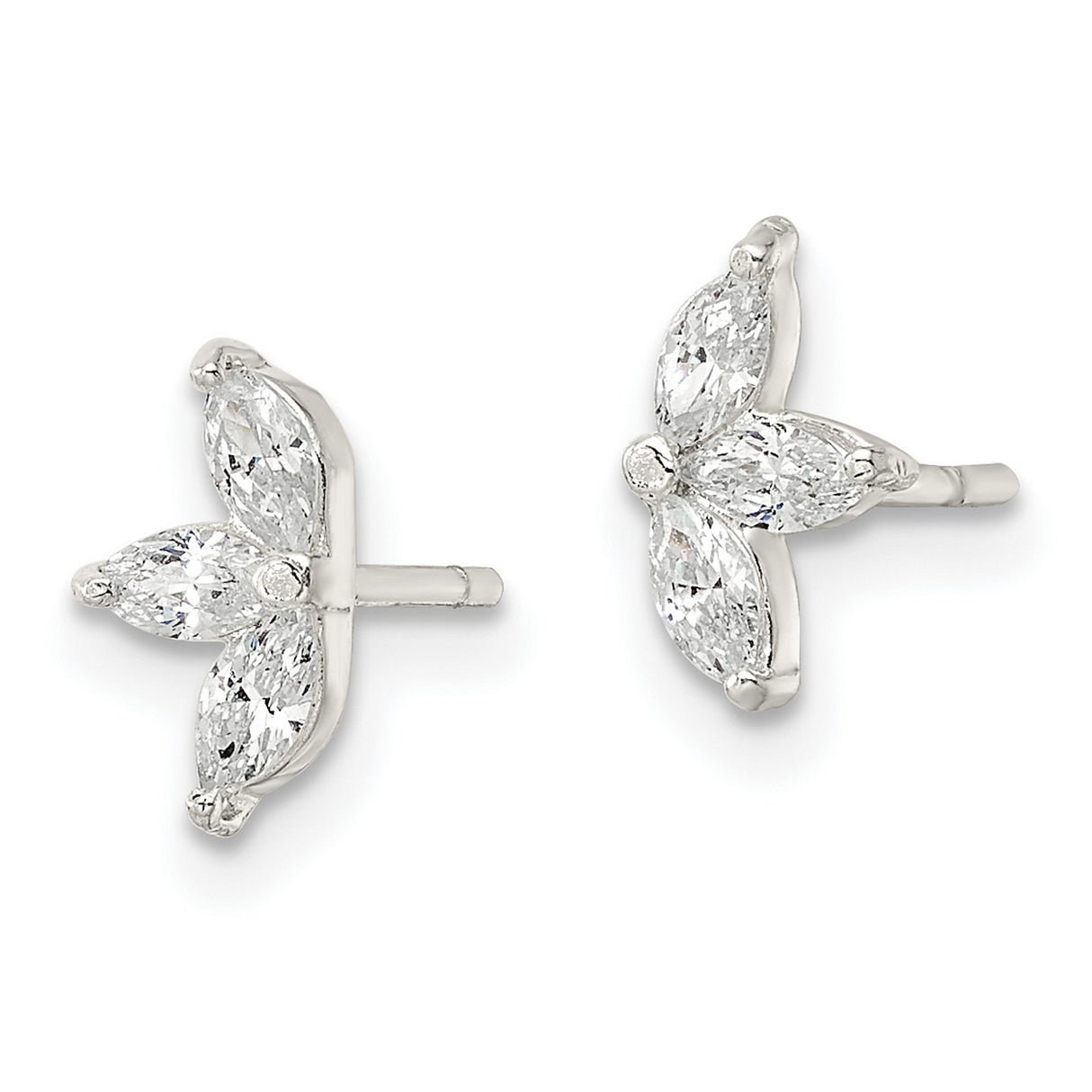 Sterling Silver Stud Earrings with Three Marquise Cut Cubic Zirconia, Leaf Design
