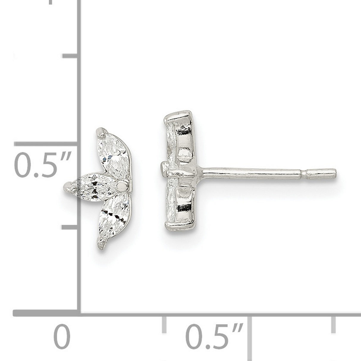 Sterling Silver Stud Earrings with Three Marquise Cut Cubic Zirconia, Leaf Design