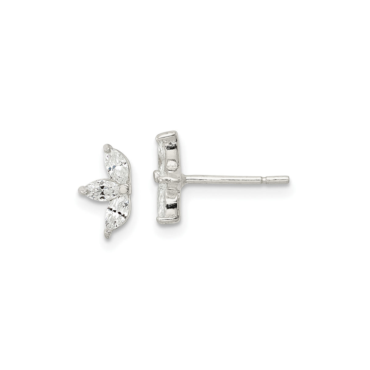Sterling Silver Stud Earrings with Three Marquise Cut Cubic Zirconia, Leaf Design