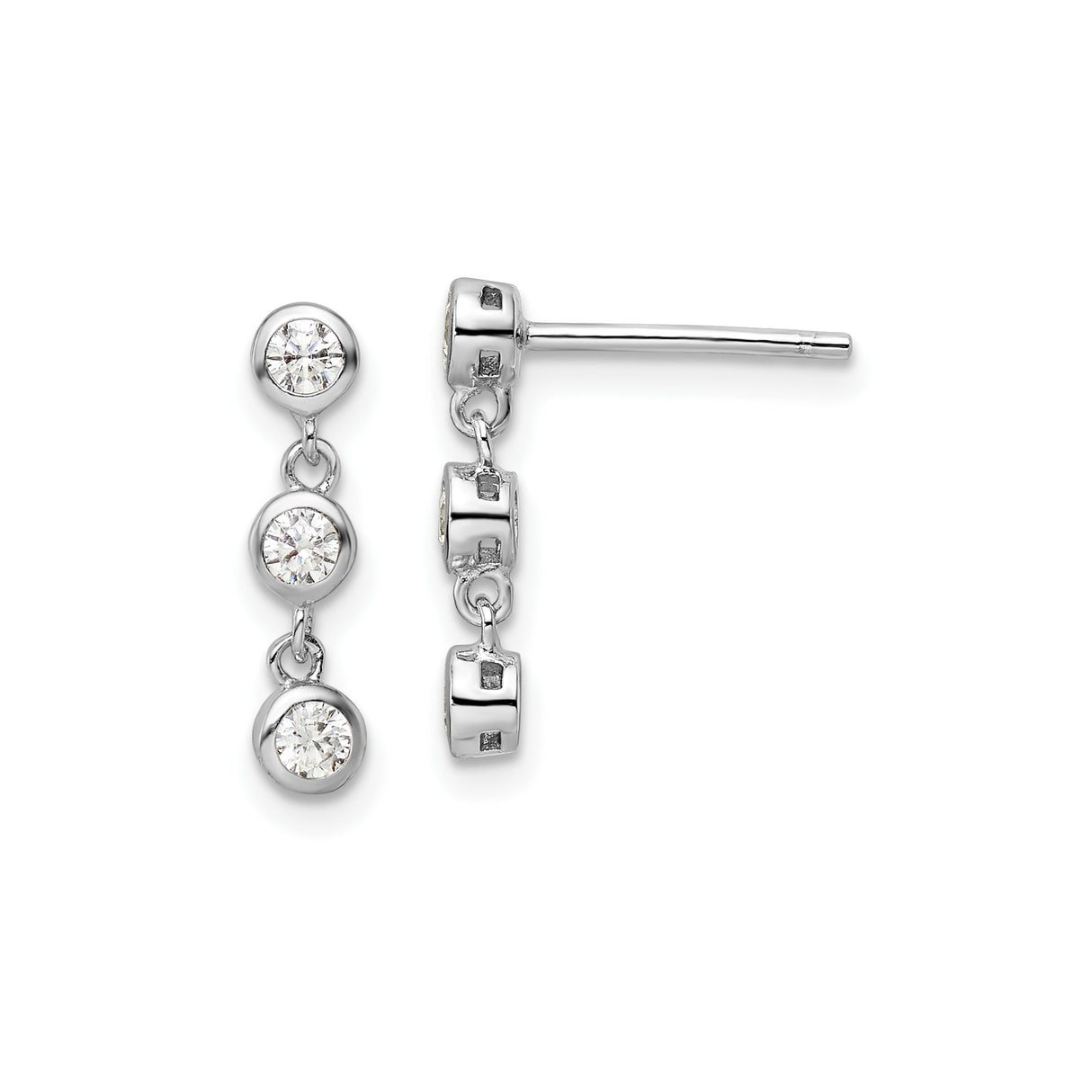 Sterling Silver Drop Earrings with Triple Cubic Zirconia Bezel Set Stones, Minimalist Dangle Design