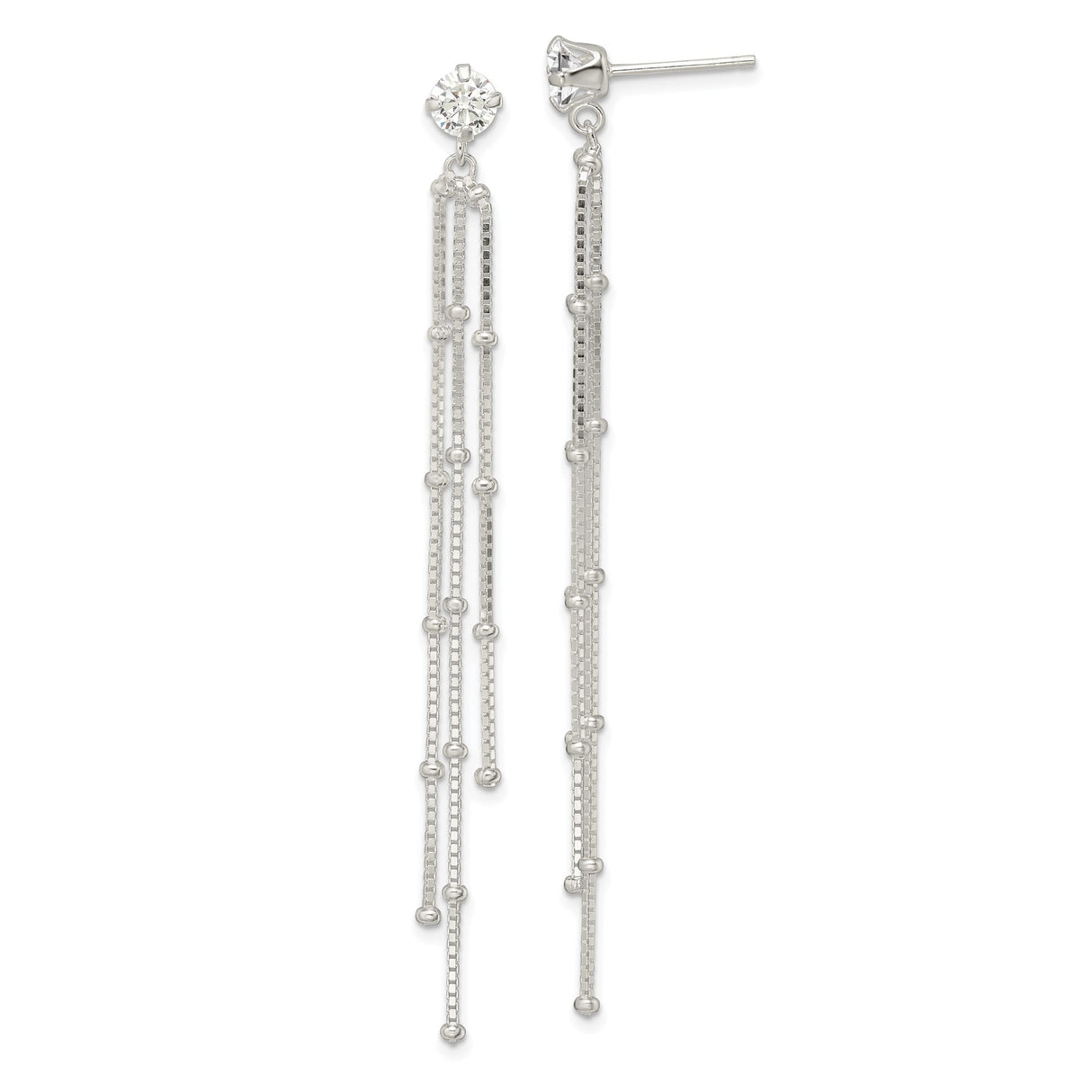 Sterling Silver Dangle Earrings with Cubic Zirconia Stud and Multi Strand Beaded Chains
