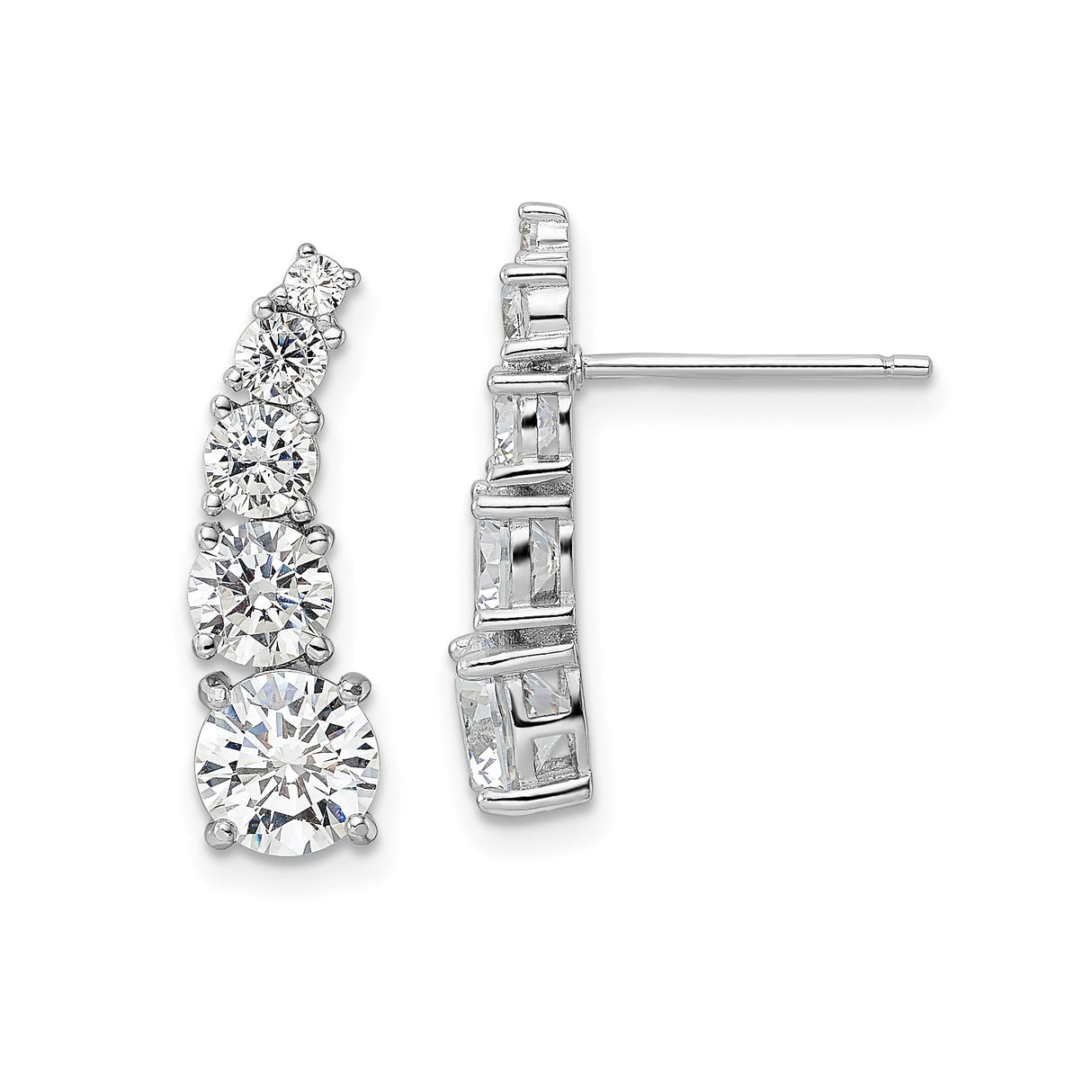Sterling Silver Stud Earrings with Graduated Cubic Zirconia, Curved Ear Climber Style