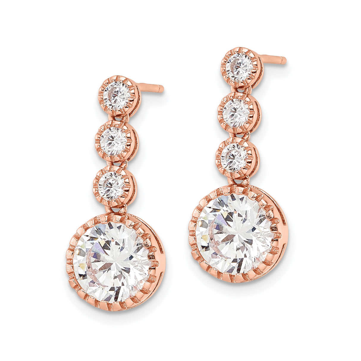 Sterling Silver Drop Earrings with Graduated Round Cut Cubic Zirconia, Rose Gold Style