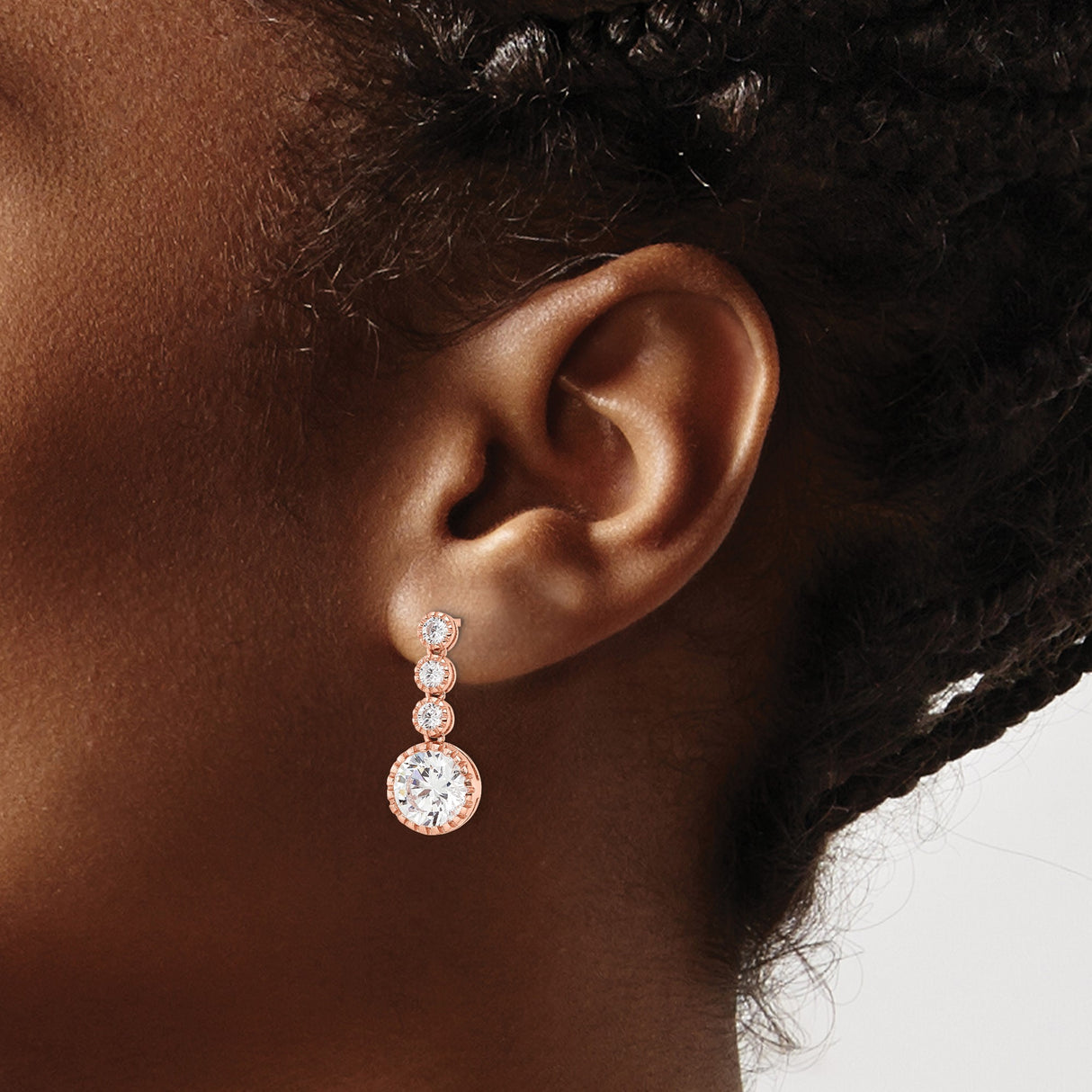 Sterling Silver Drop Earrings with Graduated Round Cut Cubic Zirconia, Rose Gold Style