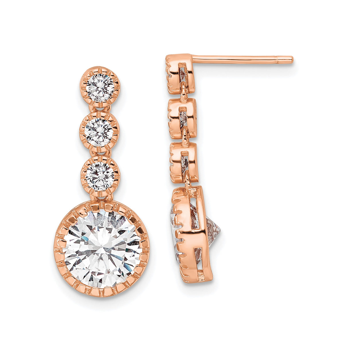 Sterling Silver Drop Earrings with Graduated Round Cut Cubic Zirconia, Rose Gold Style