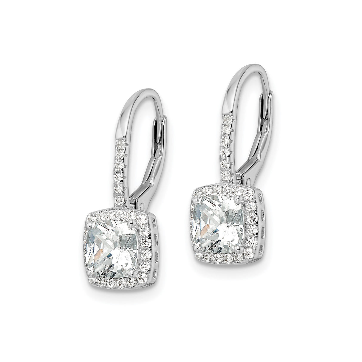 Sterling Silver Drop Earrings with Cushion Cut Cubic Zirconia and Halo Accents